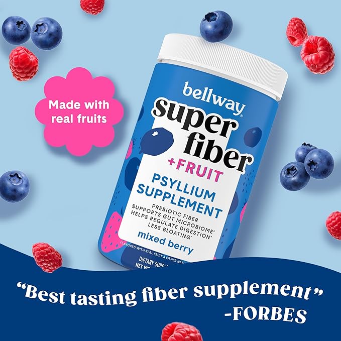 Bellway Super Fiber Powder + Fruit (3 Pack), Sugar Free Organic Psyllium Husk Powder Fiber Supplement for Regularity, Bloating Relief & Gut Health, Non-GMO, Plant-Based, Mixed Berry (150 Servings)