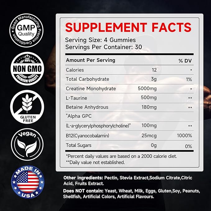 Creatine Monohydrate Gummies 5g for Men & Women β 120 Vegan, Sugar-Free Creatine Monohydrate with Taurine & B12 for Strength Support, Energy Boost, Ideal Pre-Workout Supplement