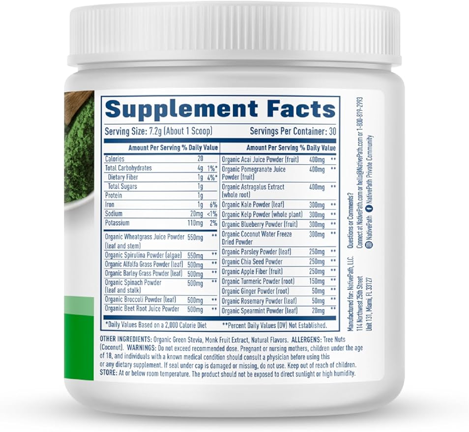 NativePath Native Greens Superfood Powder - Daily Super Greens Powder with Organic Greens and Superfoods to Support Detox, Thyroid, and Gut Health for Energy and Positive Body Changes, 30 Servings