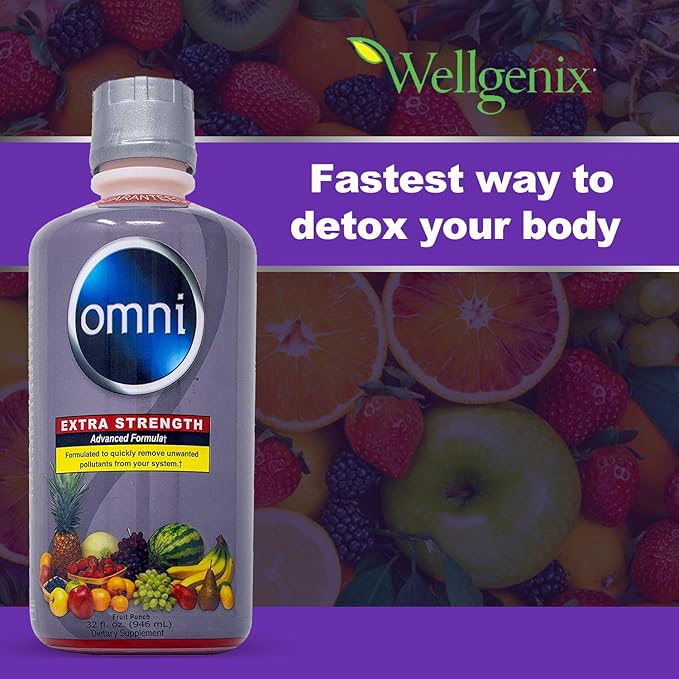 Wellgenix Omni Cleansing Drink, Extra Strength Body Detox, Herbal Cleanse Detox Liquid, Flush Your System, Fruit Punch Flavor, 32 Fl Oz, Premium Detox Support Supplement