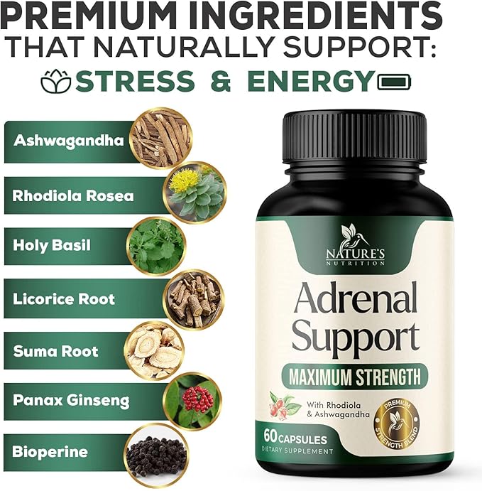 Adrenal Support Supplements - Ashwagandha & 10 Adaptogenic Herbs including Rhodiola Rosea, Holy Basil – Adrenal Supplement Support for Balanced Energy, Adrenal Fatigue, Calm, Relaxation – 60 Capsules