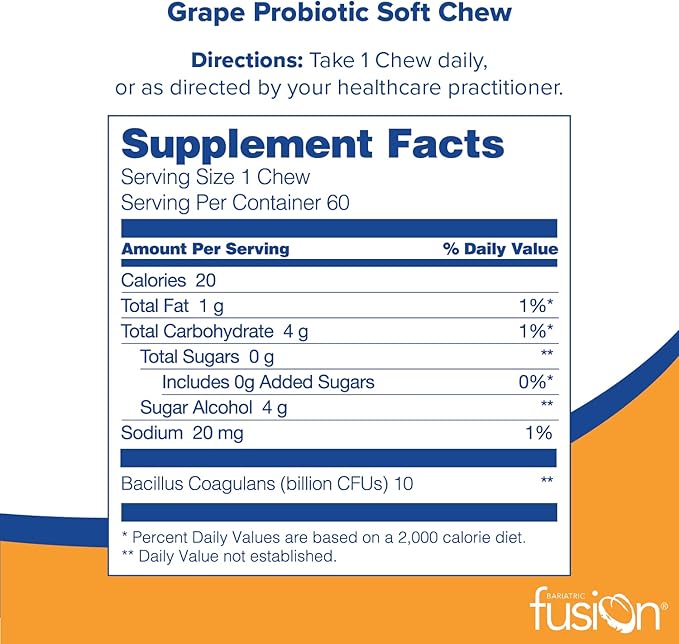 Bariatric Fusion Probiotic Soft Chews | Grape Flavor Chewy Bariatric Vitamin | 10 Billion CFU | Bacillus Coagulans | Support Digestive & Immune Health | 60 Count