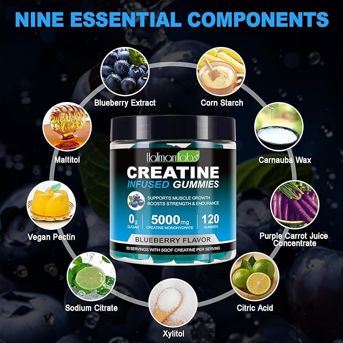 Creatine Monohydrate Gummies for Men & Women - 5g per Serving, Low Sugar Creatine Monohydrate Gummies - Increase Strength, Muscle Gain, Recovery, Endurance - Vegan, Gluten-Free,Blueberry (120 Count)