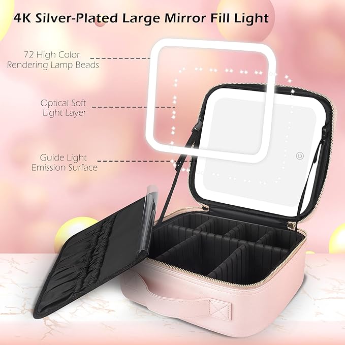 MOMIRA Travel Cosmetic Train Case with Lighted Mirror 3 Color Scenarios Cosmetic Bag Organizer with Adjustable Dividers Makeup Storage for Women, Makeup Accessories & Tools Case Phosphor
