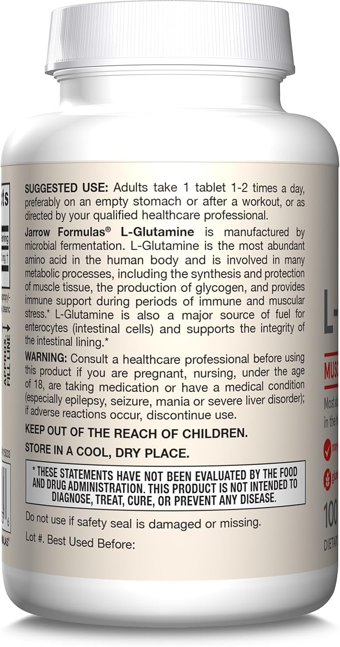 Jarrow Formulas L-Glutamine 1000 mg, Dietary Supplement for Muscle Tissue, Multifunctional Amino Acid, Immune Support , 100 Easy-Solv Tablets, 50-100 Day Supply
