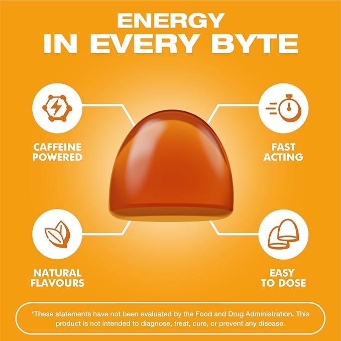 Energy Bytes Caffeine Gummies | Instant Energy Chews for Running, Cycling and Sports Performance | Vegan, Low Sugar | Peach Power (12-Pack)