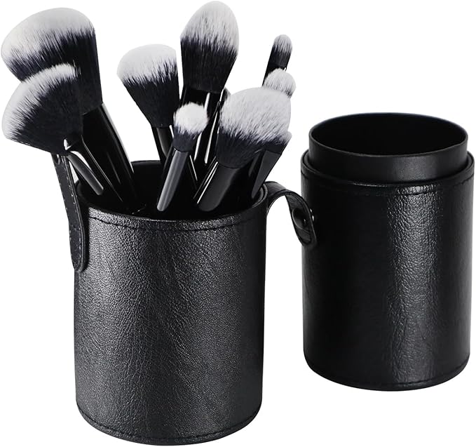 Portable Makeup Brush Case,Pu Leather Makeup Brush Holder with Button,Travel Cup Storage Dustproof Makeup Cosmetic Bags for Women (Black)