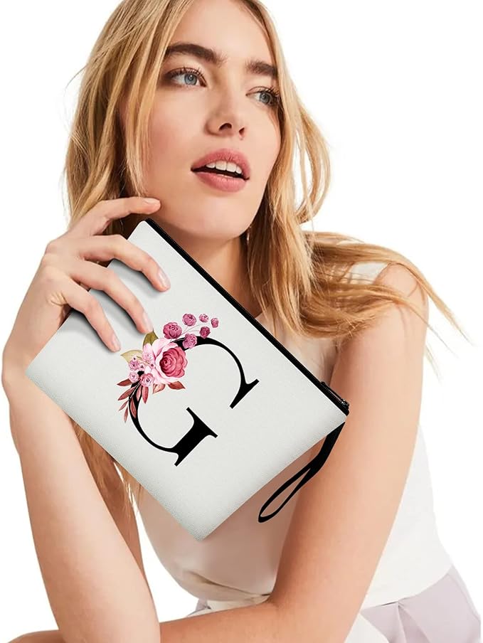 Vavabox A-Z Personalized Makeup Bag, Birthday Gifts for Women Mom, Gifts for Best Friend, Bride Bridesmaid Cosmetic bag (G, White)