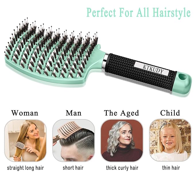 KTKUDY Detangling Brush Boar Bristles Hair Brush Make Hair Shiny & Healthier Curved and Vented Detangler Brush for Women Men Kids Wet and Dry Hair (Turquoise)