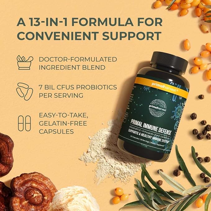 Primal Harvest Primal Immune Defense 10-in-1 Immune Defense Supplement: with 7 Billion CFU Probiotics, Zinc, Vitamins C, B6, D3, K2 - Immune Boosters for Adults 60 Capsules (1 Pack)