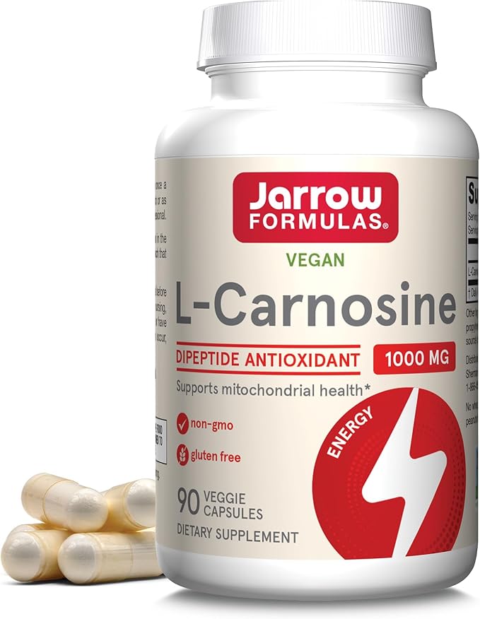 Jarrow Formulas L-Carnosine Dipeptide Antioxidant 1000 mg, Dietary Supplement, Antioxidant Support for Mitochondrial Health, 90 Veggie Capsules, Up to 45 Day Supply