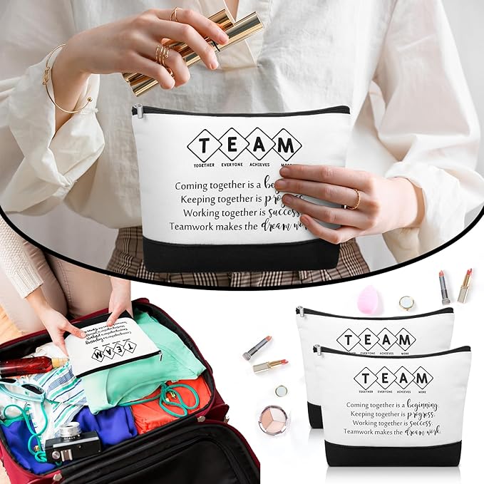 Sanwuta 48 Pcs Inspirational Canvas Makeup Bags Keychains Set Graduation Gifts Teacher Appreciation Gifts Bulk for Employees Women (Team)