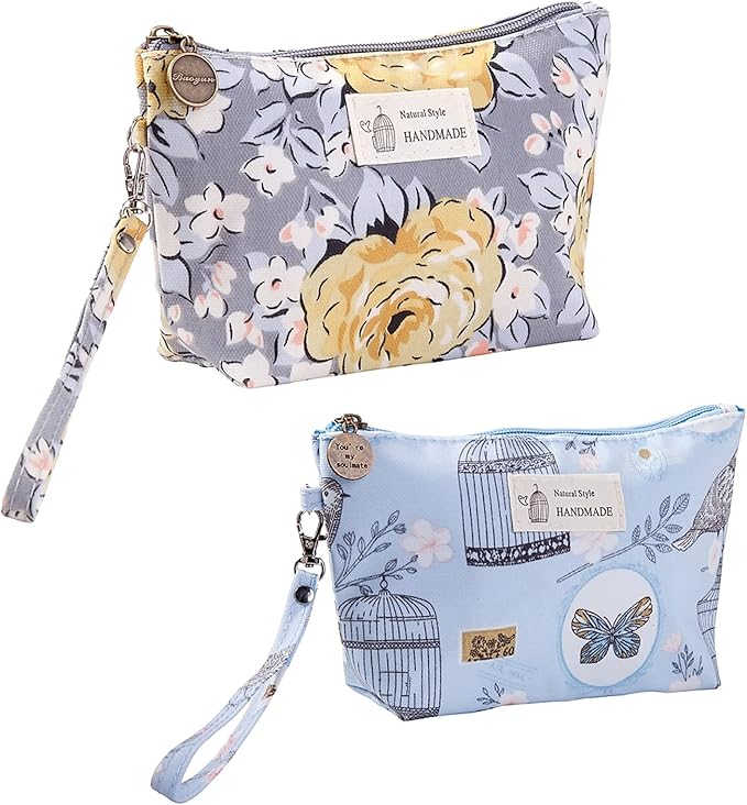 Qikuver Canvas Cosmetic Bags, 2 Pieces Cosmetic Bags for Women, Makeup bag Cute Cosmetic Bag Organizer Small Mini Makeup Pouch for Purse Toiletry Bag
