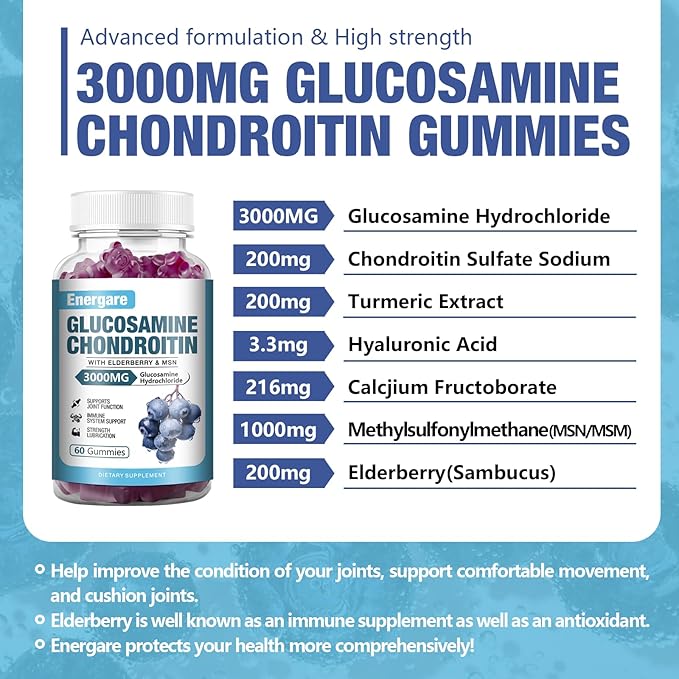 1 Pack 3000mg Glucosamine Chondroitin with MSM Gummies & Elderberry, Extra Strength Joint Support Health, Flexibility, Antioxidant, Immune Supplement Gummy for Adults, Men & Women 60 Counts
