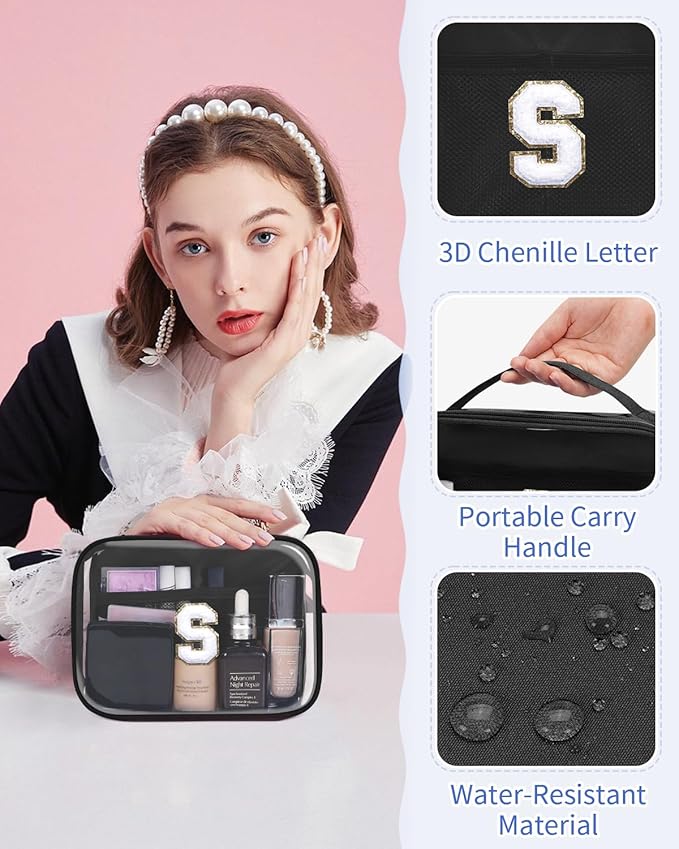 Wandering Nature Clear Makeup Bags 2 Pack Personalized Initial Makeup Pouch Preppy Small Cosmetic Pouch Organizer Travel Toiletry Bag, Birthday Gifts for Girlfriend Women