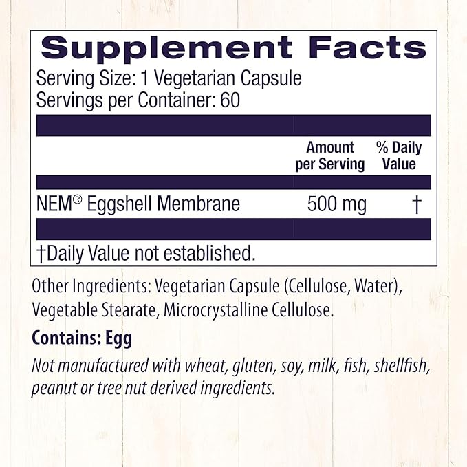 Healthy Origins Eggshell Membrane (NEM), 500 mg - Natural Collagen and Joint Support Supplement - Gluten-Free Supplement - 60 Veggie Capsules