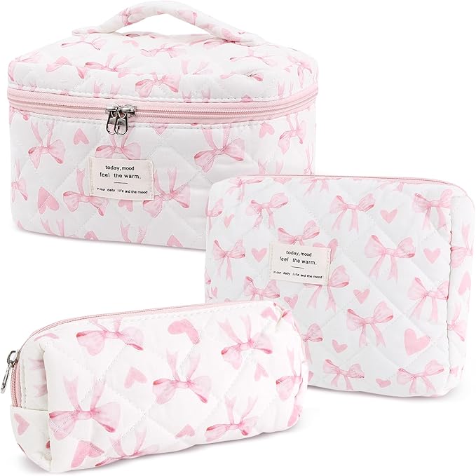 3Pcs Cotton Quilted Makeup Bag Set,Large Floral Cosmetic Bag,Aesthetic Toiletry Travel Makeup Bag Set and Cute Flower Bag for Women Girls (Love Bow)