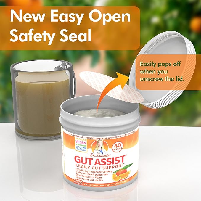 Doctor Danielle Gut Assist - Leaky Gut Repair Supplement Powder - Glutamine, Arabinogalactan, Licorice Root - Supports IBS, Heartburn, Bloating, Gas, Constipation, SIBO from, Orange Flavor