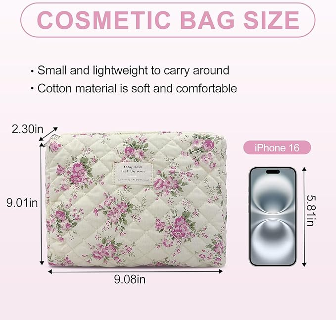 Quilted Makeup Bag,Medium Travel Floral Cosmetic Bag Cute Pouch,Cotton Makeup Brushes Storage Bag for Women