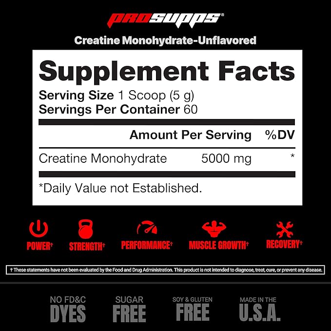 PROSUPPS Creatine Monohydrate Powder 300g, 100% Pharmaceutical Grade Micronized 5,000mg Creatine Monohydrate, 60 Servings