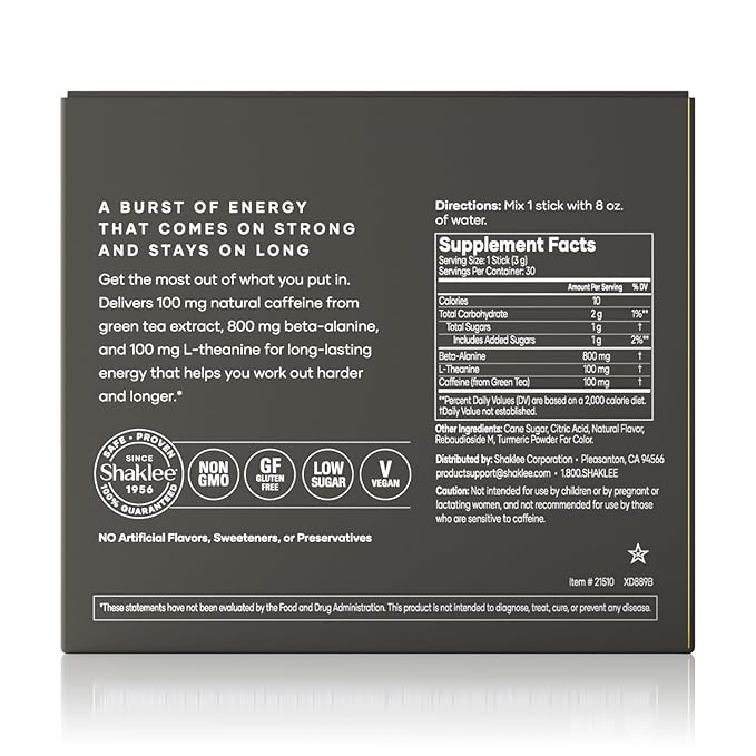 Shaklee - Performance Pre-Workout Energy Drink - Green Tea Extract Lemon Flavor - Energy Boost - Beta-Alanine & L-theanine - 100mg Caffeine, 800mg Beta-Alanine and 100mg L-theanine - 30 Servings