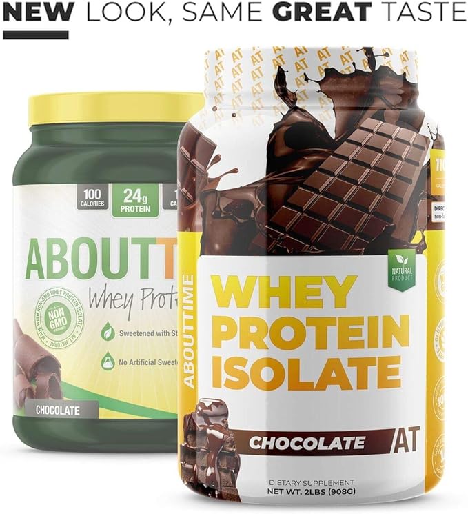About Time Whey Protein Isolate Chocolate 2lb - 25g Protein, Non-GMO, 0g Fat, 0g Sugars, No Artificial Sweeteners, 32 Servings
