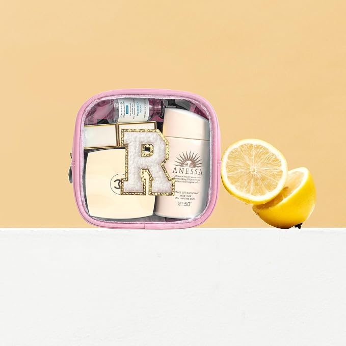 LETGO Initial Mini Makeup Bag | Make Up Bag Travel Toiletry Bag | Clear Makeup Bag | Cute Cosmetic Bags Organizer Travel Essentials Gifts for Women Girlfriend Teacher Brithday Gifts (Pink, R)
