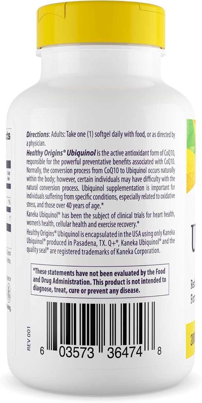 Healthy Origins Ubiquinol (Active Form of CoQ10), 200 mg - Activated Form of CoQ10 - Kaneka Ubiquinol Supplements for Heart Health & Antioxidant Support - Gluten-Free & Non-GMO - 60 Softgels