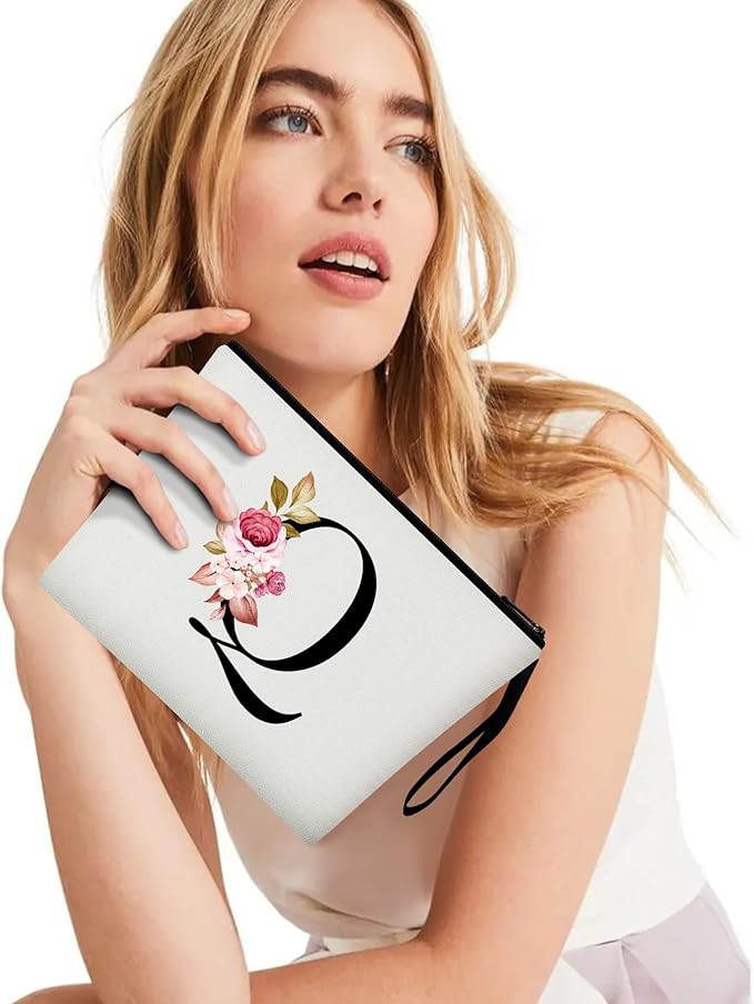 Vavabox A-Z Personalized Makeup Bag, Birthday Gifts for Women Mom, Gifts for Best Friend, Bride Bridesmaid Cosmetic bag (Q, White)