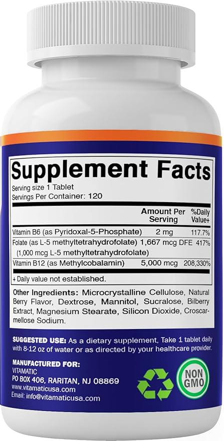 Vitamatic Methyl Folate & B12 Supplement with Pyridoxal 5 Phosphate (P-5-P) - Promotes Cardiovascular Health & Energy Metabolism - 120 Fast Dissolve Tablets - Non GMO & Gluten Free