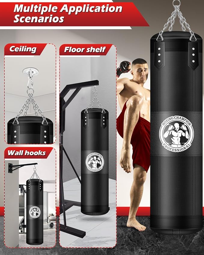 Punching Bag for Adults, 4FT PU Heavy Boxing Bags with Chain Ceiling Hook, Hanging Boxing Bag for Kickboxing Muay Thai Karate Judo Taekwondo Home Gym Training, Unfilled
