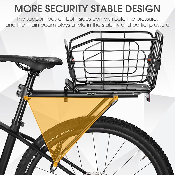 Rear Bike Rack with Basket, 165 LB Load - Aluminum Alloy Cargo Rack for Back of Bike with Free Bungee Cord & Waterproof Cover & Installation Tool