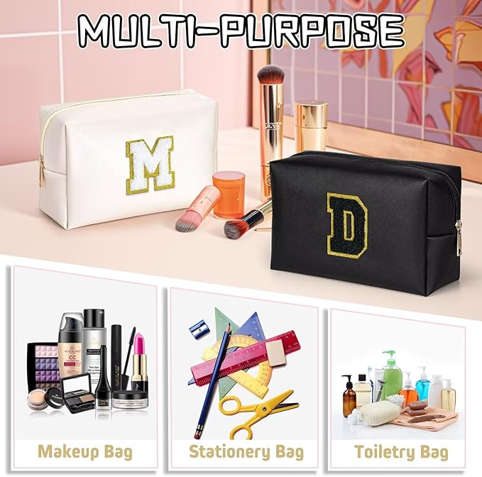 TOPEAST Initial Makeup Bags for Women, Cute Makeup Pouch, Waterproof Travel Toiletry Bag, Personalized Gifts for Girlfriend Wife on Valentine's Day Anniversary, Preppy Stuff Gift for Girl (Black W)
