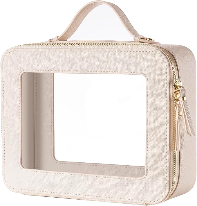 Keains Clear Makeup Bag for Women,Cosmetic Organizer Case Transparent Waterproof Travel Toiletry Bag with Zipper,Portable Make Up Organizer Traveling Compact Car Bag for Essentials(Off White)
