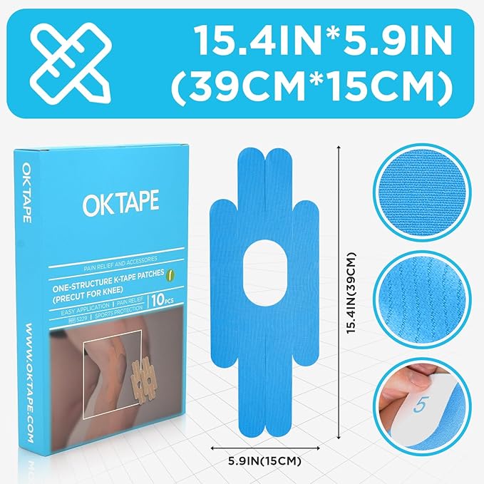 OK TAPE One-Structure K-Tape Patches | Precut for Knee Kinesiology Tape | Pain Relief and Accessories | 10 Pcs and Blue