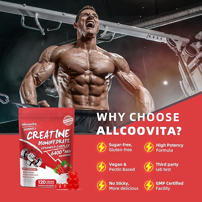 Creatine Monohydrate Gummies Complex 6400mg for Men & Women - 120 Gummies Advanced Formula, L-Taurine + Vitamin B12 for Muscle Strength, Muscle Builder, Energy Boost, Pre-Workout Supplement-Strawberry