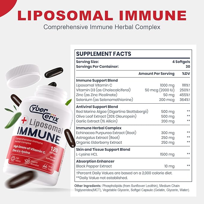 Advanced Liposomal Immune Supplement, Complex with L-Lysine 1,500mg, Vitamins, Minerals & Herbal Extracts, Comprehensive Daily Wellness Blend for Men & Women - 120 Capsules