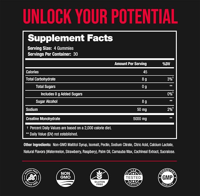 Creatine Gummies for Men & Women - 5g Sugar Free Chewable Creatine Monohydrate Gummies - Supports Protein Synthesis, Muscle Recovery & Workout Performance - 120 Creatine Gummy Chews