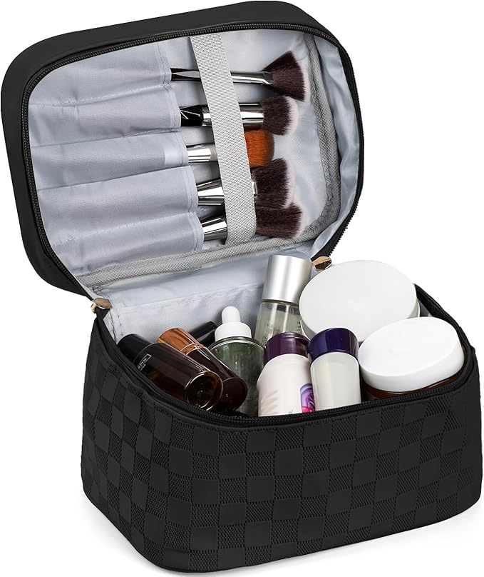Hedume Set of 4 Makeup Bags, Black Leather Portable Travel Cosmetic Bag, Waterproof Cosmetic Bag Set, Multifunction Organizer Storage Bag for Makeup, Toiletries, Brushes and Accessories