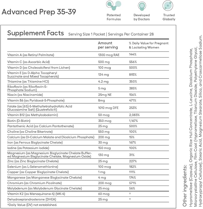 Advanced Prep Preconception Vitamins for Women with DHEA 25mg, Conception Fertility Prenatal Vitamins, Fertility Supplements for Women, Prenatal Multivitamin 4 Week Supply (28 Daily Packets)