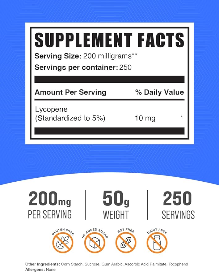 BulkSupplements.com Lycopene Powder - Lycopene Supplement, Lycopene 10mg - Antioxidants Supplement & Heart Health Supplement, Gluten Free, 200mg per Serving, 50g (1.8 oz)