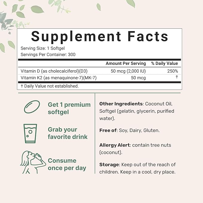 Micro Ingredients Vitamin D3 2,000 IU + K2 MK-7 50 mcg, 300 Softgels | Virgin Coconut Oil | 2-in-1 Bone, Immune & Heart Support | Easy to Swallow, Non-GMO
