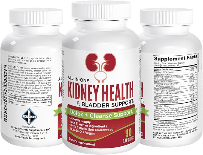 3-Month Kidney Health & Bladder Support Supplement (All-in-1) with 21 Active Ingredients - Supplements - Kidney Cleanse Detox - 90 Capsules
