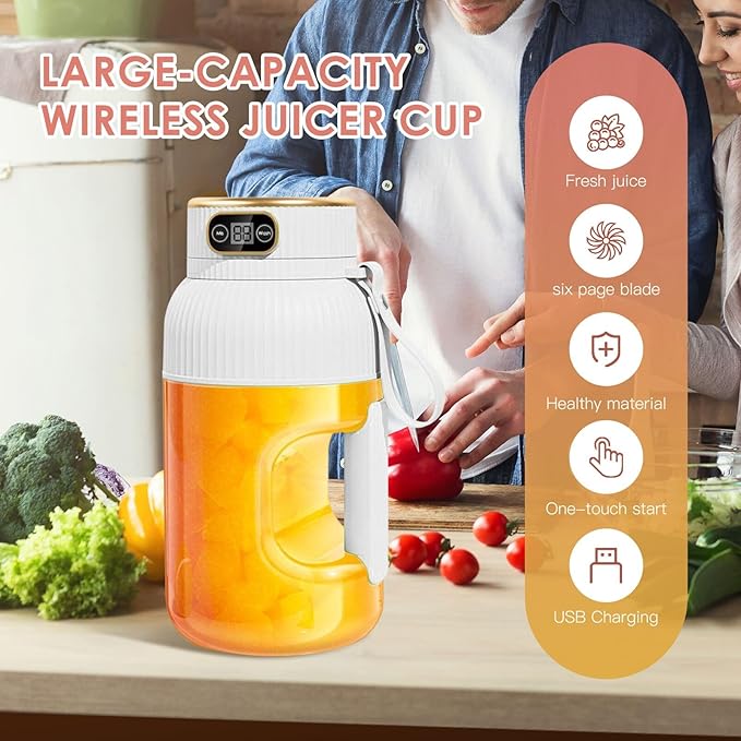 Portable Juicer Cup, Multifunctional Portable Juicer with Digital Display, 40 Oz BPA Free Smoothie Cup To Go, USB Rechargeable Electric Blender for Kitchen/Home/Travel - White