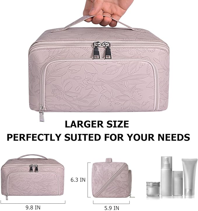 Travel Makeup Bag, Large Capacity Cosmetic Bags for Women, Waterproof Lining and PU Leather Portable Pouch, Open Flat Toiletry Bag, Make up Organizer with Divider & Handle (Pink)