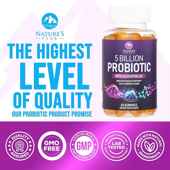 Probiotic Gummies for Women, Men & Teens - 5 Billion CFUs, 6 Probiotic Strains, Orange Flavor - Daily Probiotic Gummy Supplements for Natural Digestive Health, “Good” Gut & Immune Support - 60 Count
