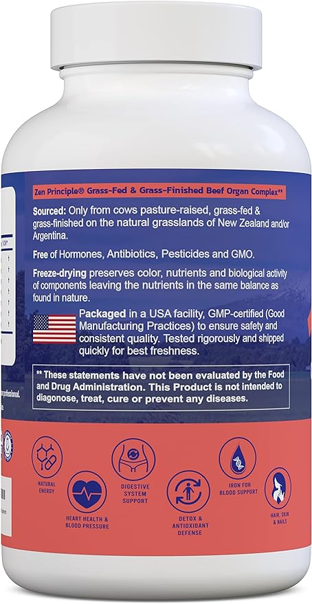 Zen Principle Grass Fed Beef Organs - Desiccated Liver, Heart, Kidney, Pancreas, Spleen, Intestine, Tripe/Stomach. Beef Organ Supplements 2-Pack