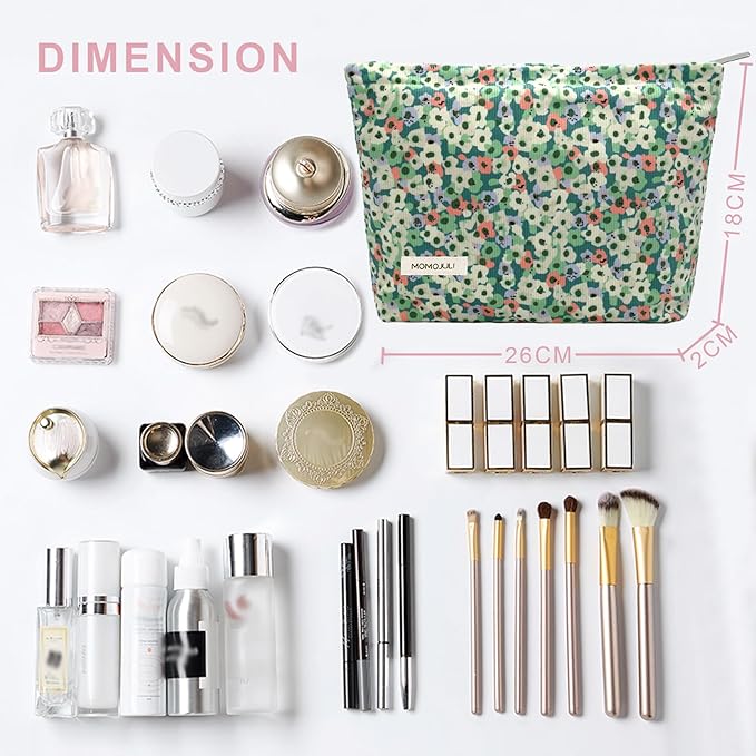 Corduroy Makeup Bag Cosmestic Bag Large Capacity Ladies Women Aesthetic Make Up Organizer Accessories Zipper Pouch Purse Green Flower+Beige