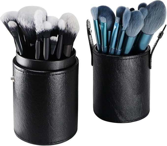 Portable Makeup Brush Case,Pu Leather Makeup Brush Holder with Button,Travel Cup Storage Dustproof Makeup Cosmetic Bags for Women (Black)