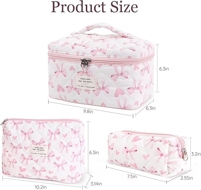 3Pcs Cotton Quilted Makeup Bag Set,Large Floral Cosmetic Bag,Aesthetic Toiletry Travel Makeup Bag Set and Cute Flower Bag for Women Girls (Love Bow)